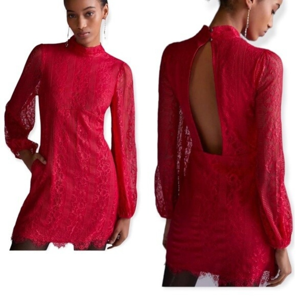 Anthropologie Maeve Lace Mini Dress Open-Back Sz 8 Long Sleeve Romantic Cute